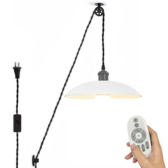 FSLiving No Wiring Needed Smart Group Control, Stepless Dimming Swag Pendant Light, Industrial Pulley Design 15ft Plug-in Cord with Wheel White Cupola Shape for Sloped Ceiling (Pearl Black) - 1 Light
