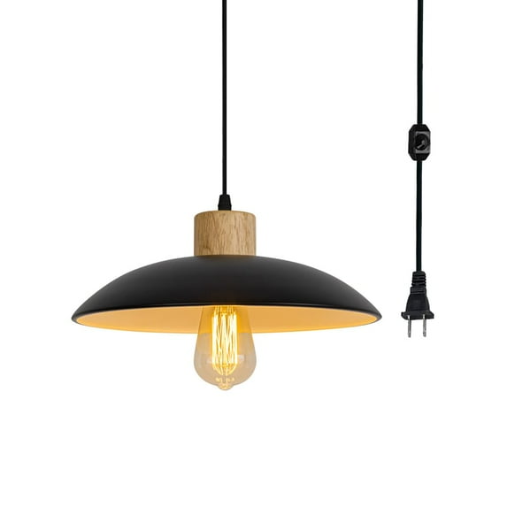FSLiving Pendant Light with 15ft Plug in Dimmer Switch Black Cord E26 Wooden Base Retro Flatness Black Metal Shade Hanging Lamp for Dining Table Corner,Customizable (Bulb Sold Separately) - 1 Light