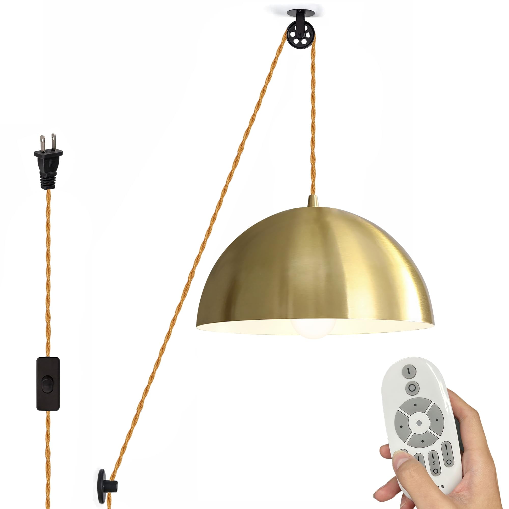 SKIVTGLAMP Swag Handing Indtrial Style Pulley Design Pendant Lamp With 15ft Plug-in Dimmer Switch Cord Black Iron Mini Circular Shade With Wheel For Living Room Vintage Farmhoe No Wiring Needed