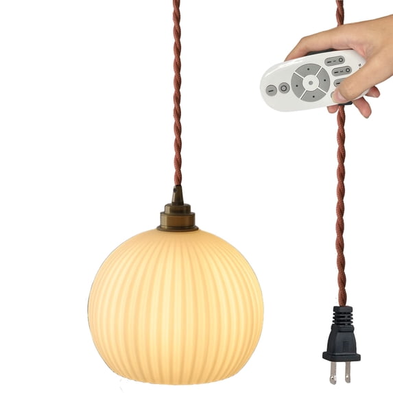 FSLiving Plug in Hanging Swag Lamp no Wiring Needed Portable Pendant Light with Remote Control Stepless dimming Bulb Brass Finished E26 Honeycomb Retro White Hand-Made Glass Lamp Hanging Lamp -1 Light