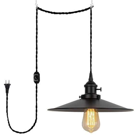 FSLiving Plug-in Pendant Light with 15ft Cord, E26 Matte Black Base with Industrail Black Metal Shade 11.8" Hanging Dimmable Lamp for Kitchen Sink Dining Table,Bulb Sold Separately - 1 Light