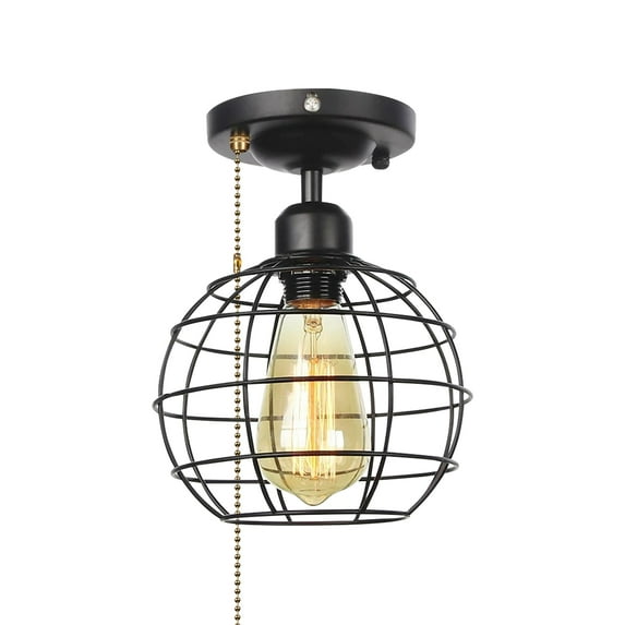 FSLiving RV Globe Cage Wall Light Zipper Switch Metal 12V Retro Metal Black RV Hallway Interior Light Fixtures Ceiling Mount, E26 E27 Industrial Semi Flush Mount Decorative Ceiling for Motorhome