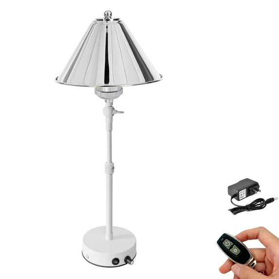 FSLiving Rechargeable Battery Operated LED Bedside Lamp by Remote RV Adjustable Telescoping Rod, Dimmer Portable Reading Light Simple Downward Silver Desk Lamp for Bedroom, Console, End Table