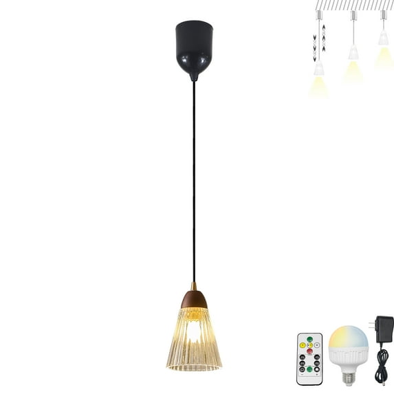 FSLiving Rechargeable Battery Operated Pendant Light with Remote,Nordic Style Hanging Light with Glass Clear Shade,Adjustable Height RGB Color,Timer,Dimmable Lamp for Bedroom (Walnut) - 1 Light