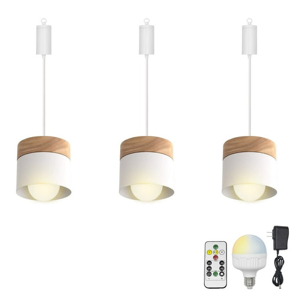 FSLiving Rechargeable Battery Operated Pendant Light with Sleeve&Round Hook RGB Mode Adjustable Wire Length Hanging Light Columnar Metal White Shade Dimmable Lamp for Courtyard Nightstand - 3 Lights