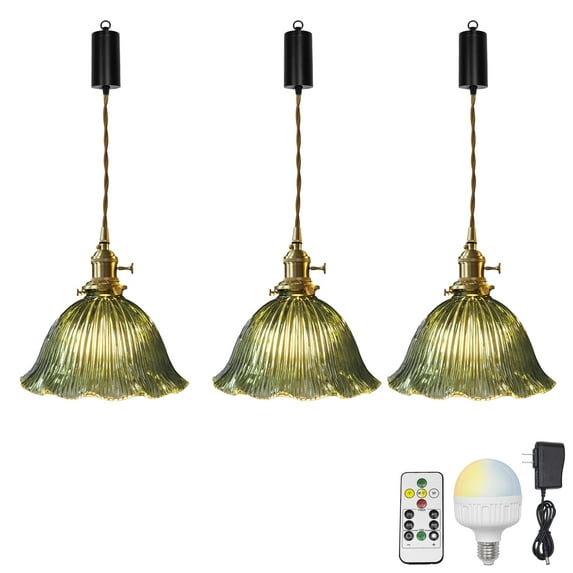 FSLiving Rechargeable Battery Operated Pendant Light with Sleeve&Round Hook RGB Mode Adjustable Wire Length Hanging Light Green Glass Flower Shade Dimmable Lamp for Courtyard Nightstand - 3 Lights