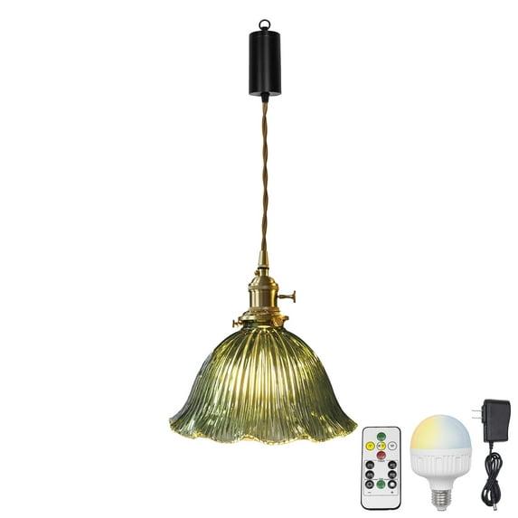 FSLiving Rechargeable Battery Operated Pendant Light with Sleeve&Round Hook RGB Mode Adjustable Wire Length Hanging Light Green Glass Flower Shade Dimmable Lamp for Courtyard Nightstand - 1 Light