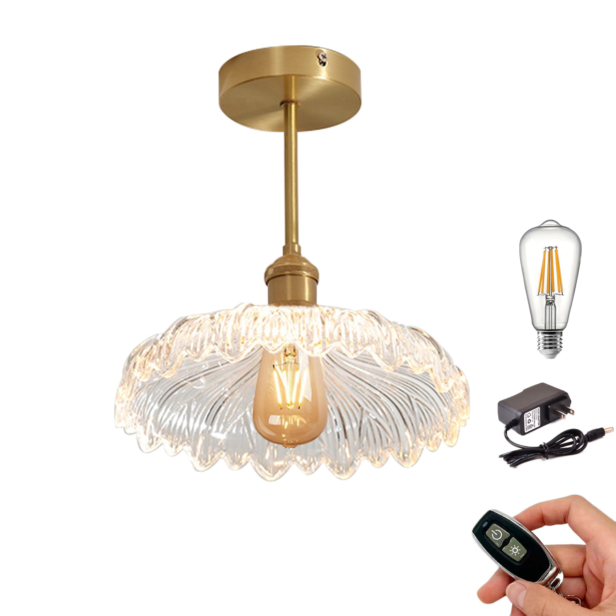 FSLiving Rechargeable Battery Operated with Remote Control Clear Flower Shape Glass Retro Copper RV Decorative Ceiling Light Modern Fixtures Ceiling Mount, E26 2700K Bulb Included for Basement