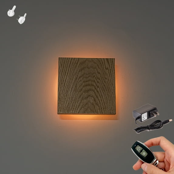 FSLiving Rechargeable Battery Operated Remote Control Wall Sconces Square Wooden Shade Cordless Store Sign Light Art Ambient Lighting Fixture for Home Decor Bedroom Nightstand,Burlywood Color -1 Pack