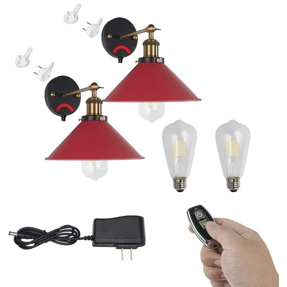 FSLiving Rechargeable Battery Operated Wall Sconce Dimmable Wireless Convenient Lamp Adjustable Angle Red Wall Lamp Nightstand Lamp Corner Accent Lighting for Living/Study Room - Set of 2