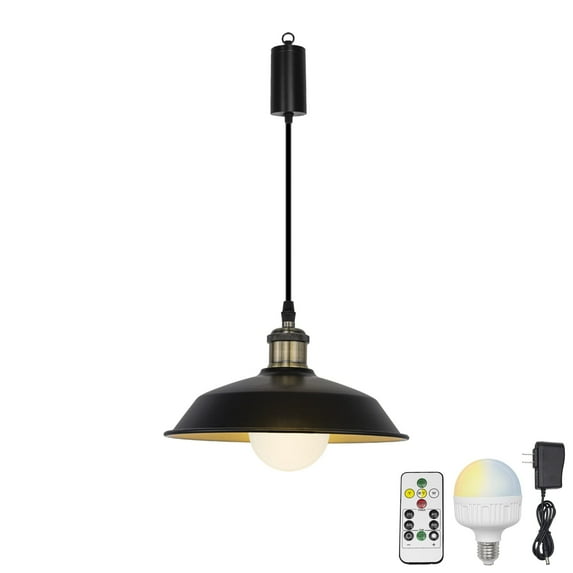 FSLiving Rechargeable Battery Remote LED RGB Bulb Adjusted Cord Hanging Light Black Metal Cone Shade Vintage Design Pendant Light for Kitchen Bar Easy to Charge & Install,Bulb Included - 1 Lamp