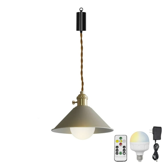 FSLiving Rechargeable Battery Remote LED RGB Bulb Adjusted Cord Hanging Light Khaki Metal Cone Shade Vintage Design Pendant Light for Kitchen Bar Easy to Charge & Install,Bulb Included - 1 Lamp