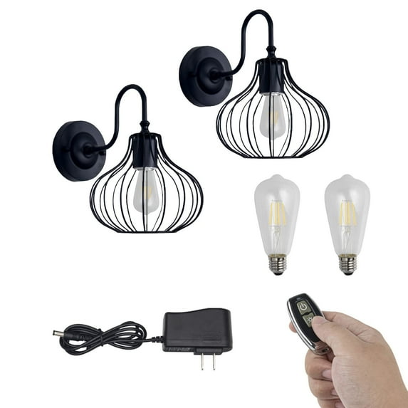 FSLiving Rechargeable Battery Run Low-Volt Safe LED Remote Control No Wire Vintage Design Metal Hollow Cage Shade Black Wall Light for Children Room Corridor Loft Dorm Reading Bulb Included - Set of 2