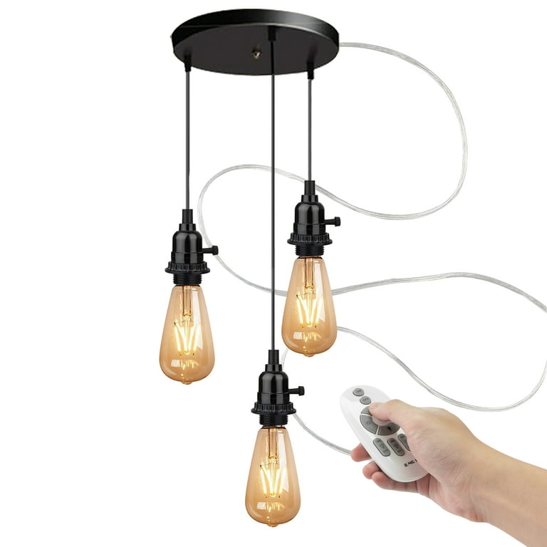 Fsliving Remote Control 3 Lights Ceiling Mounted Swag Pendant Light with 15ft Plug in UL Cord Industrial Turn Knob 3 Way Phenolic Socket Dimmable