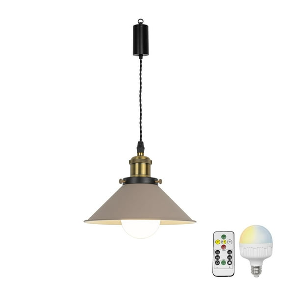 FSLiving Remote Control Dimmable Hanging Light with Rechargeable Battery Operated LED RGB Bulb Macaron Khaki Metal Pendant Light Adjustable Height Color Changing Timing for Storage Bedroom - 1 Light