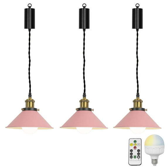 FSLiving Remote Control Dimmable Hanging Light with Rechargeable Battery Operated LED RGB Bulb Macaron Pink Metal Pendant Light Adjustable Height Color Changing Timing for Storage Bedroom - 3 Lights