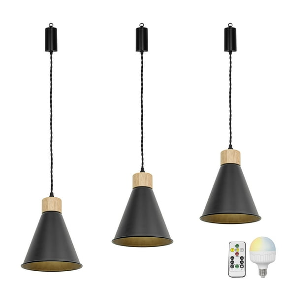 FSLiving Remote Control Dimmable Hanging Light with Rechargeable Battery Operated LED RGB Bulb Wood Base Black Metal Shade Adjustable Height Color Changing Timing for Storage Bedroom - 3 Lights