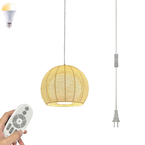 FSLiving Remote Control Dimmable Hanging Swag Sun Room Lamp with Canopy Twine Natural Rattan Hollow Double Shade with 15ft Plug-in Clear Cord Modern Farmhouse Chandelier for Loft Bar,Beige - 1 Light