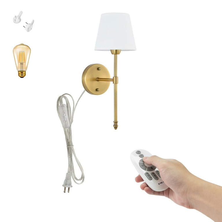 Fsliving Remote Control Dimmable Wall Sconces with 5.9ft Plug in Power Cord Gold Metal Fabric Wall Light Fixtures Color Changing Timer Nightstand Lamp