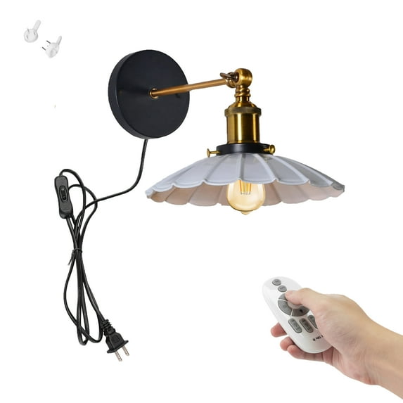 FSLiving Remote Control Dimmable Wall Sconces with 5.9Ft Plug in Power Cord Modern White Umbrella Metal Shade Wall Light Fixtures Color Changing Timer Nightstand Lamp for Bedside Hallway - 1 Pack