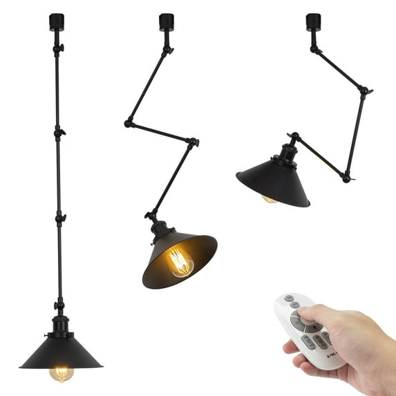FSLiving Remote Control H-Type Track Pendant Light with Adjustable Arm,Vinatge Black Metal Shade E26 Dimmable Timing Bulb for Farmhouse Sloping Ceiling (Ceiling Track Sold Separately) - Set of 3