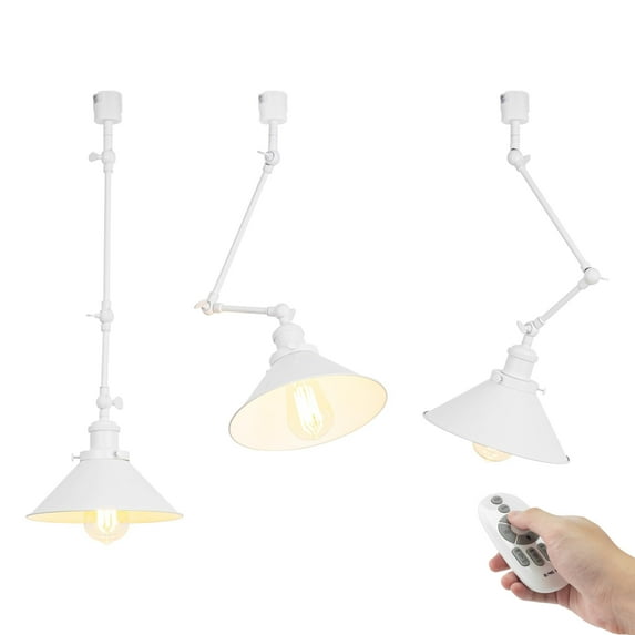 FSLiving Remote Control H-Type Track Pendant Light with Adjustable Arm,Vinatge White Metal Shade E26 Dimmable Timing Bulb for Farmhouse Sloping Ceiling (Ceiling Track Sold Separately) - Set of 3