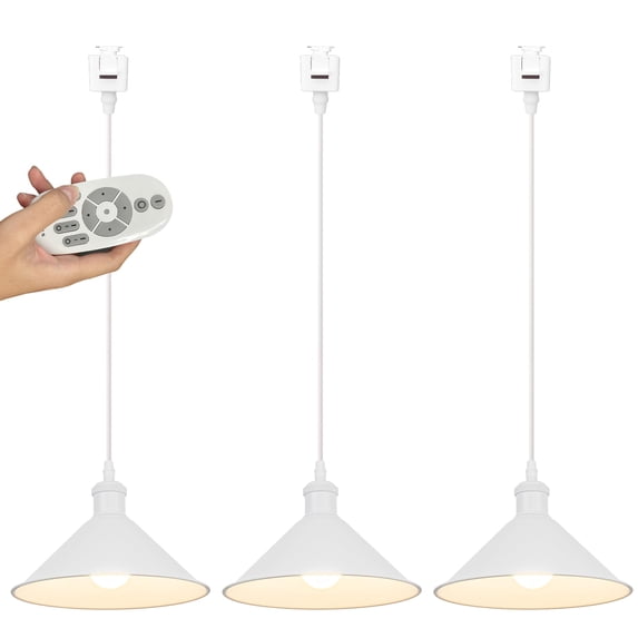 FSLiving Remote Control J-Type Track Light Pendants Restaurant Industrial White Shade Cone Shape,White Lamp Socket Juno Track Mounted Customizable for Kitchen Island Bar Counter, 3 Lights, 10.2"