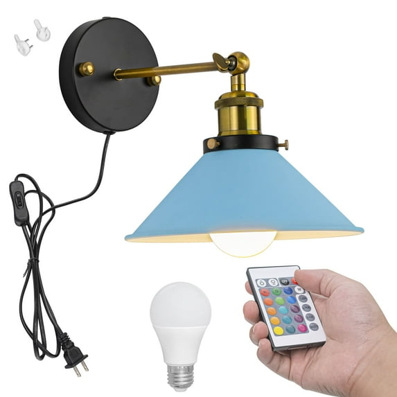 FSLiving Remote Control Lamp Color Changing RGB Tunable White A19 Smart Bulb Macaron BlueMetal Wall Sconce Adjustable Angle Wall Sconce Fixture with 5.9ft Plug in Cord For Nightstand - 1 Light