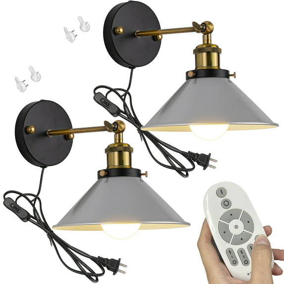 FSLiving Remote Control Lamp Macaron Silver Metal Wall Sconce Adjustable Angle Wall Lamp Lighting Fixture with 5.9ft Plug in Cord,Stepless Dimming & Color Changing - 2 Pack