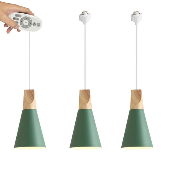 FSLiving Remote Control Pendant Light 3 Lights H-Type Track Pendant Lamps Scandinavian Style Pendant Lights for Kitchen Hanging Lamp Modern Wood and Aluminium Light Customizable - Green