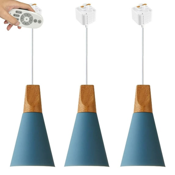 FSLiving Remote Control Pendant Light 3 Lights J-Type Track Pendant Lamps Scandinavian Style Pendant Lights for Kitchen Hanging Lamp Modern Wood and Aluminium Light Customizable - Blue