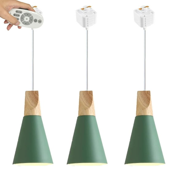 FSLiving Remote Control Pendant Light 3 Lights J-Type Track Pendant Lamps Scandinavian Style Pendant Lights for Kitchen Hanging Lamp Modern Wood and Aluminium Light Customizable - Green