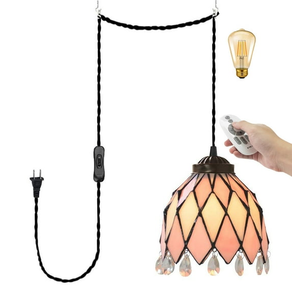 FSLiving Remote Control Plug-in Pendant Hanging Light with 15FT Cord Tiffany Handmade Pink Glass Crystal Shade Dimmable & Color Changing & Timing for Bedroom Kitchen Loft - 1 Pack
