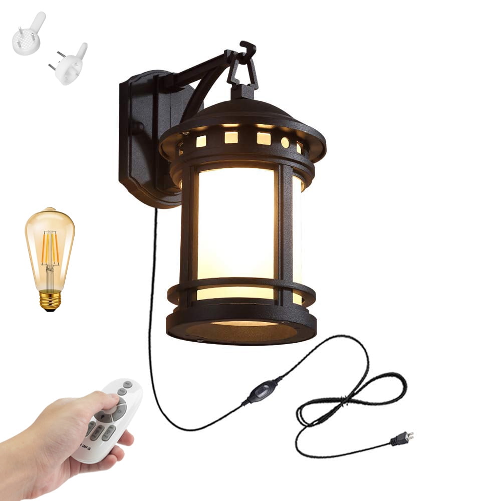 FSLiving Remote Control Retro Wall Lamp with UL 5.9ft Plug in Button Cord IP65 Waterproof Black Metal Frosted Glass Shade Wall Porch Lights Dimmable Wall Light Fixtures for Outdoor Indoor 1 Pack