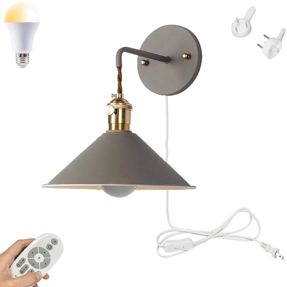 FSLiving Remote Control Wall Lamp,Color Changing and Stepless Dimming Wall Sconce W/ Macaron Shade for Nightstand Gallery Bedroom Passage Hallway,Grey - 1 Pack