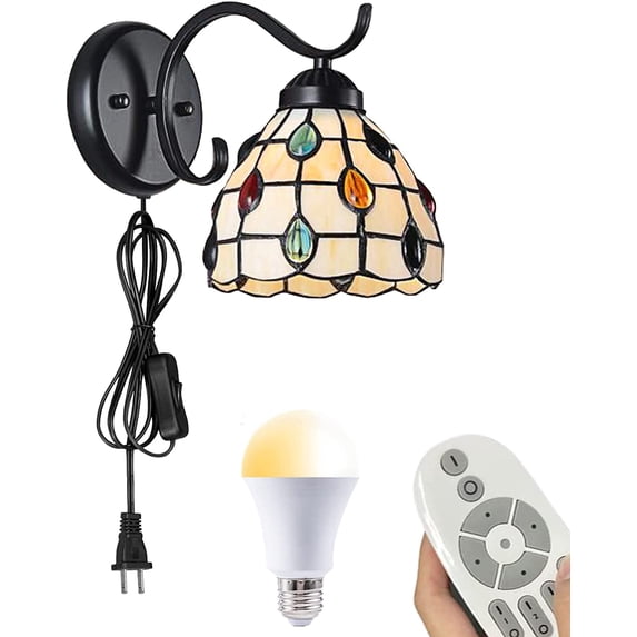 FSLiving Remote Control Wall Lamp Tiffany Wall Sconce W/ Stained Glass Shade Stepless Dimming and Corlor Changing Lighting Fixture for Gallery Passage Hallway - 1 Pack