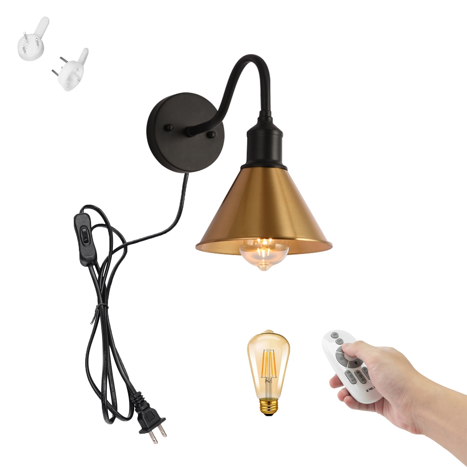FSLiving Remote Control Wall Lamp with UL 5.9ft Black Plugin Button