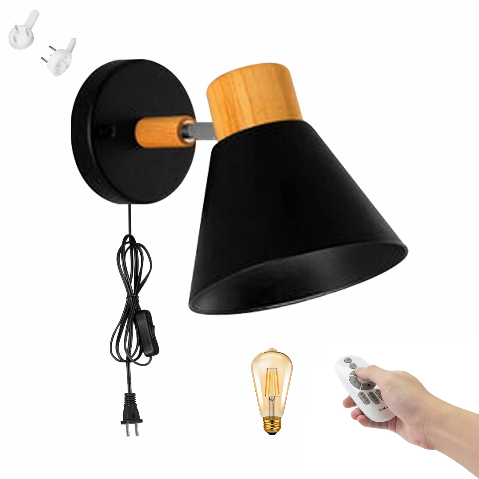 FSLiving Remote Control Wall Lamp with UL 5.9ft Black Plugin Button