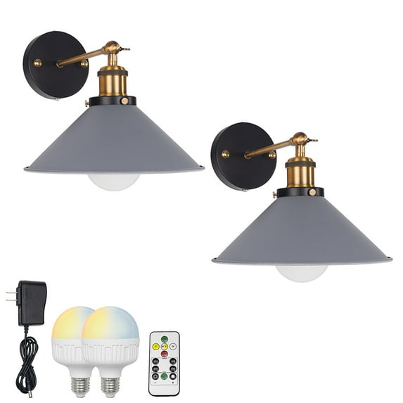 FSLiving Remote Control Wall Sconce with Rechargeable Battery Run Dimming Bulb,Vintage Simple Collocation Macaron Grey Metal Wall Light Fixture for Reading Dorm Loft - Set of Two