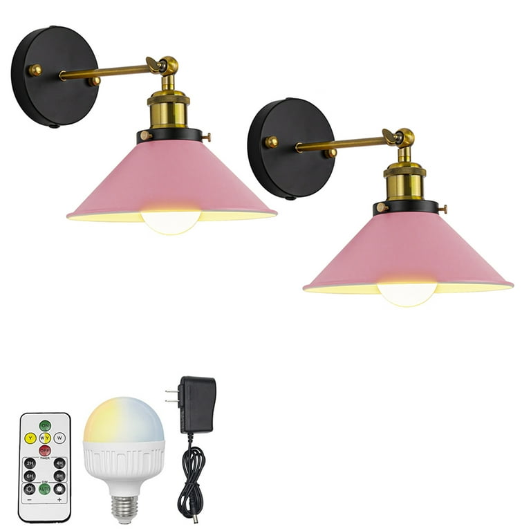 FSLiving Remote Control Wall Sconce with Rechargeable Battery Run Dimming Bulb Vintage Simple Collocation Macaron Pink Metal Wall Light Fixture for