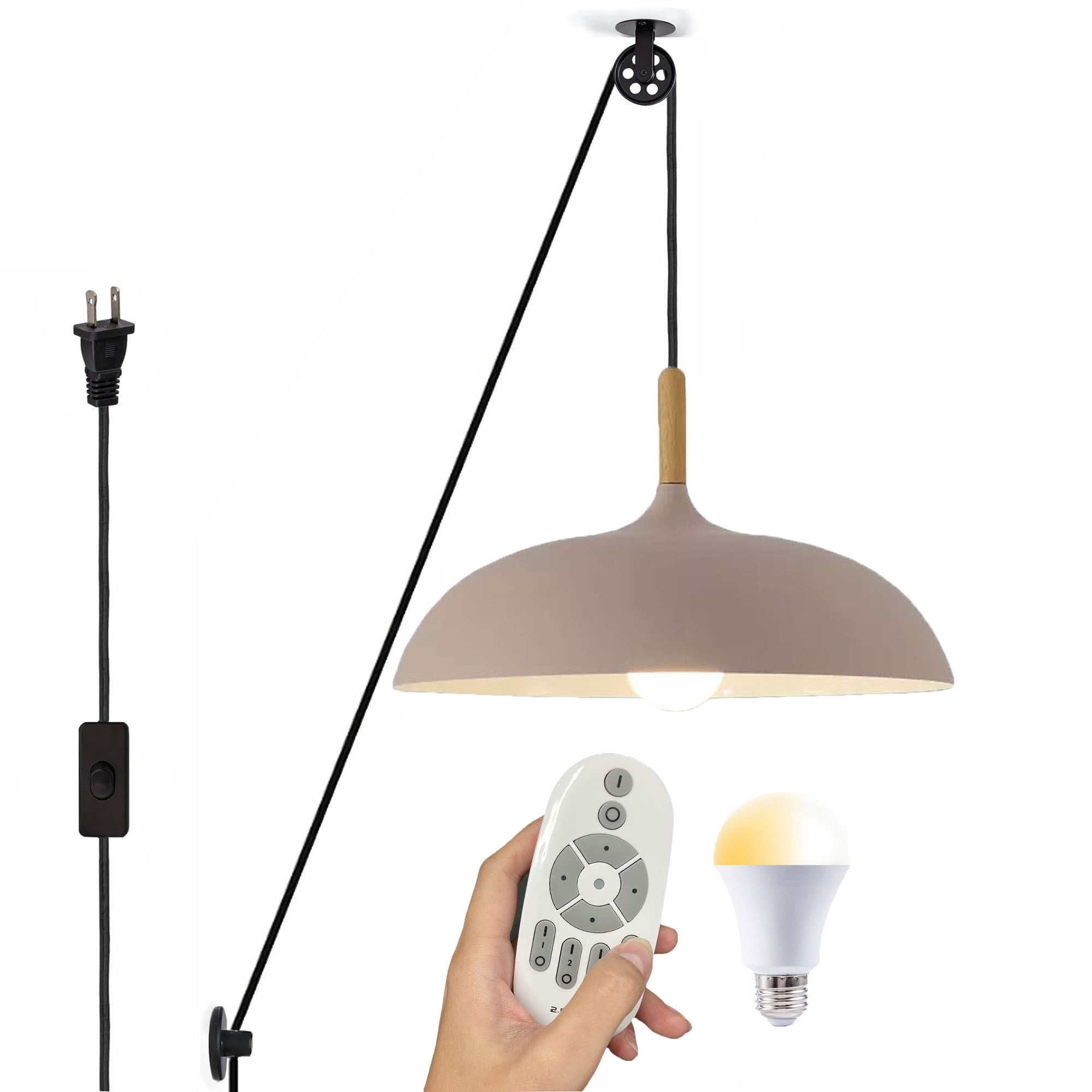 FSLIVING Remote Control Pendant Light, Wooden Handle, 15ft Cord, Pink ...