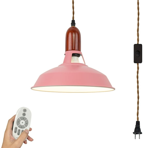 FSLiving Remote Swag Lamp Dimmable Portable Plug-in Pendant Light Industrial Exterior Pink Interior White Macaron Iron Shade, Wooden E26 Socket, Smart Stepless Dimming & Color Changing Bulb,15 ft