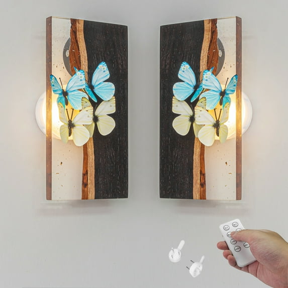 FSLiving Resin and Wooden Wall Lighting Fixtures with 3D Simulated Butterflies,Battery Operated Wall Sconces with Remote,Dimmable Nightstand Lamp for Visitor Room Bedroom Entrance - Set of 2