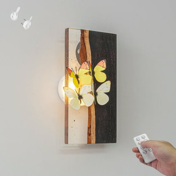 FSLiving Resin and Wooden Wall Lighting Fixtures with 3D Simulated Butterflies, Battery Operated Wall Sconces with Remote, Dimmable Nightstand Lamp for Visitor Room Bedroom Entrance - 1 Pack