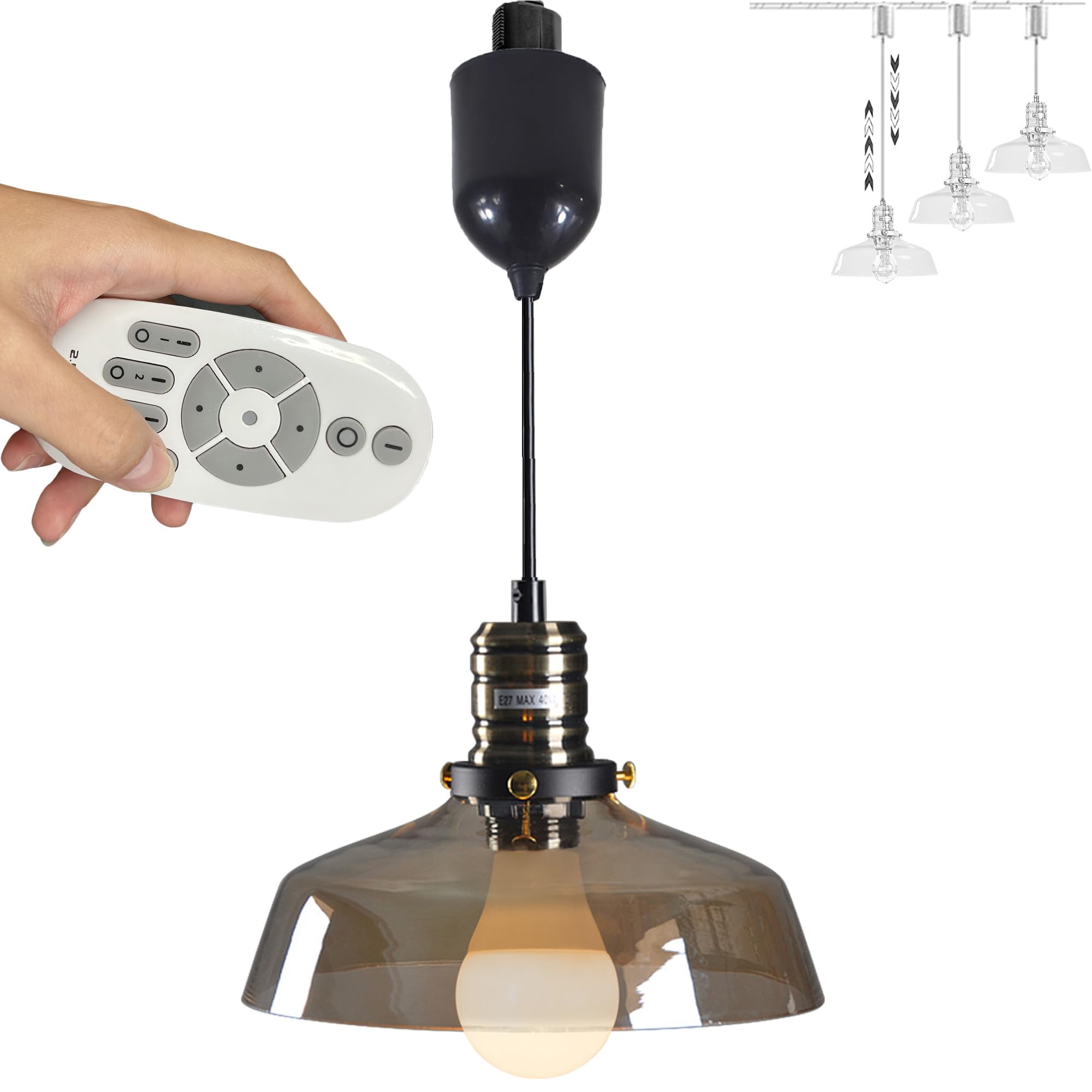 FSLiving Retractable Lift Droplight H-Type Track Light Brown Glass Shade with 2.4GHz 3-Zone Remote Control Stepless dimming Auto Retractable Dimmable Track Mount for Family Room - 1 Light