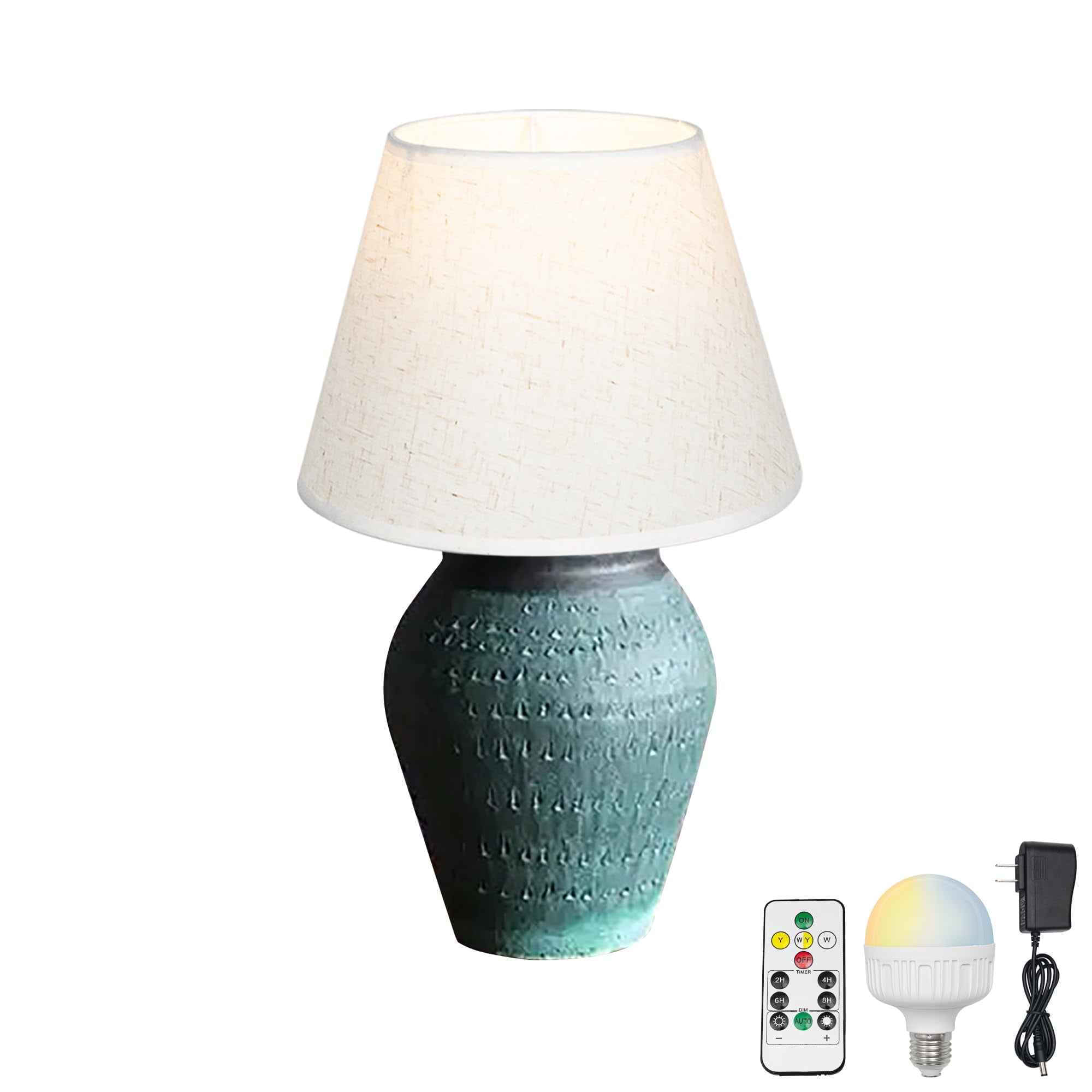 FSLiving Rustic Terracotta Ceramic Pot Table Lamp Rechargeable Battery ...