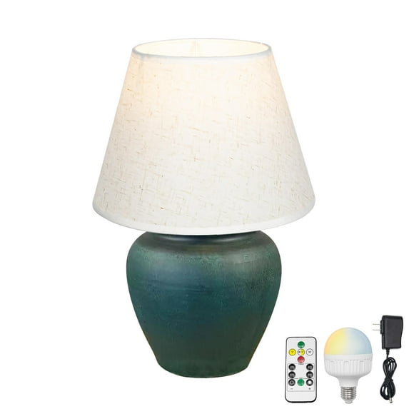 FSLiving Rustic Terracotta Ceramic Pot Table Lamp Rechargeable Battery Operated RGB Bulb by Remote, Wireless Timer 15 Color Temperature Beige Cone Fabric Shade, Dimmable, Dark Green Mushroom