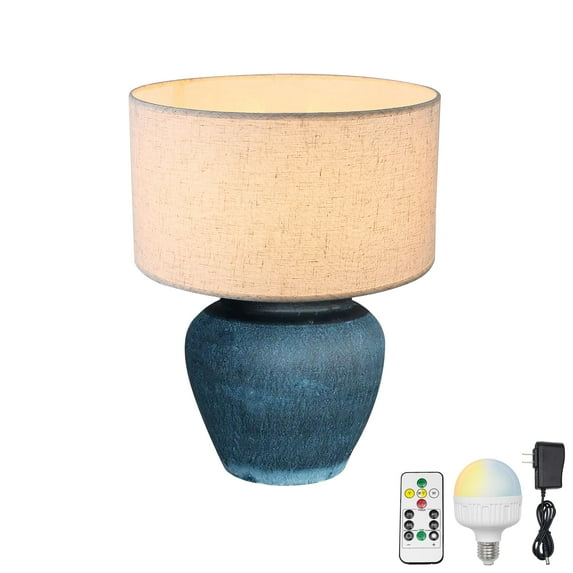 FSLiving Rustic Terracotta Ceramic Pot Table Lamp Rechargeable Battery Operated RGB Bulb by Remote, Wireless Timer 15 Color Temperature Beige Dome Fabric Shade Farmhouse Bedside Lamps, Boho Blue