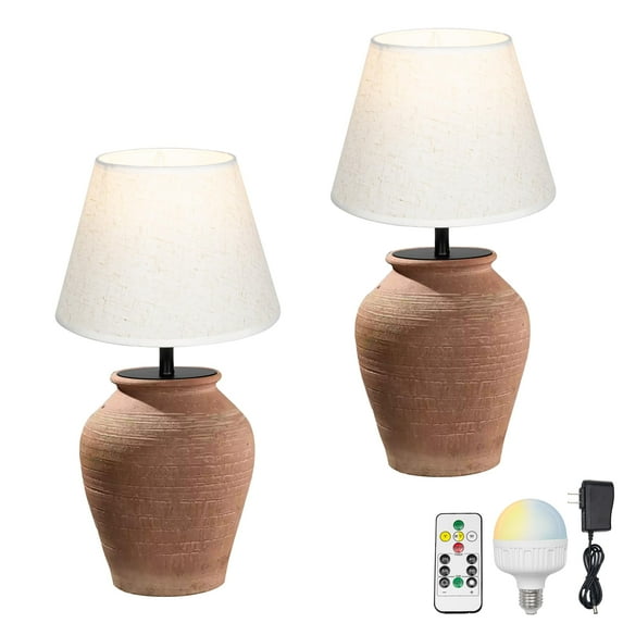 FSLiving Rustic Terracotta Ceramic Pot White Fabric Shade Cone Shape Table Lamp Rechargeable Battery Operated RGB Bulbs by Remote, Wireless Timer and 15 Color Temperature, Mushroom, Brown A-37