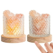 FSLiving Salt Lamp Table Lamp Touch Stepless Dimming Authentic Pink Himalayan Salt Rocks Rechargeable Battery Operated LED Bedside Mood Light Wood Base Night Light Gifts Yoga - Set of 2